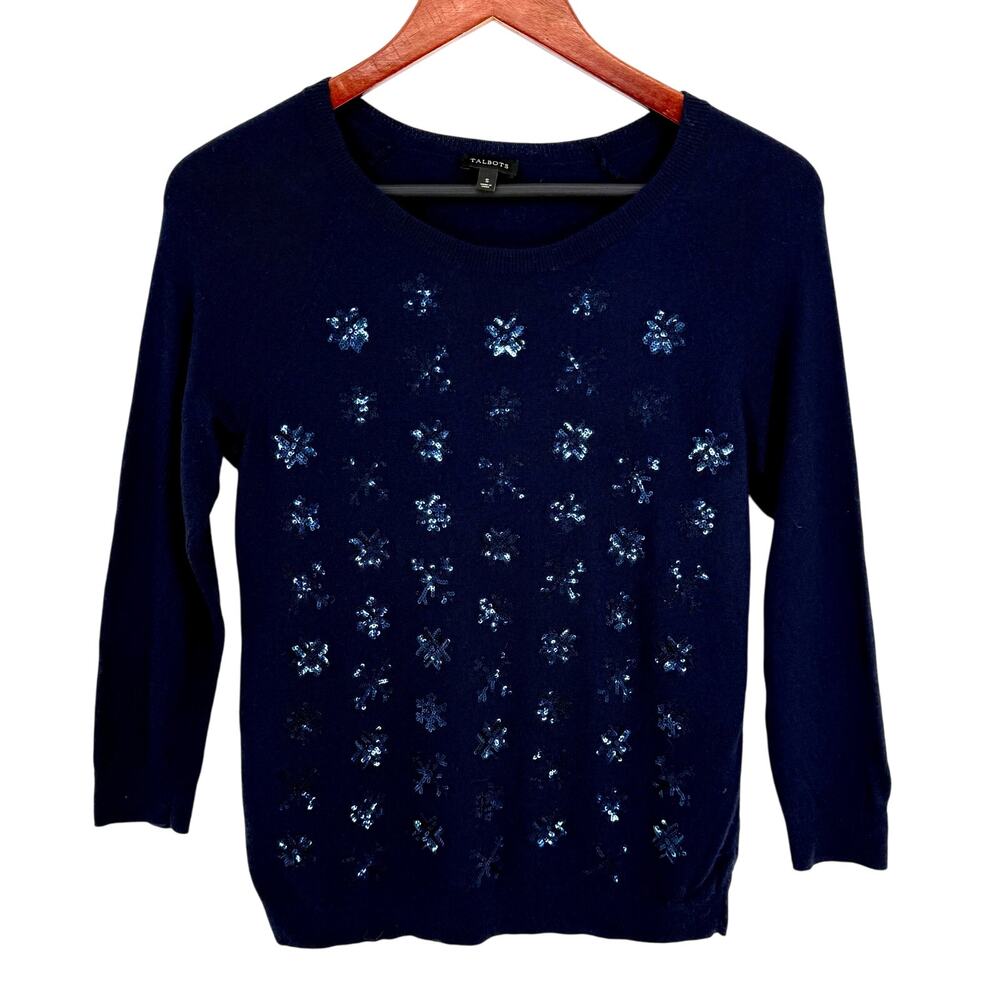 Talbots Sz Small LAMBSWOOL Blend Sequin Snowflake Blouse Sweater Shirt Top